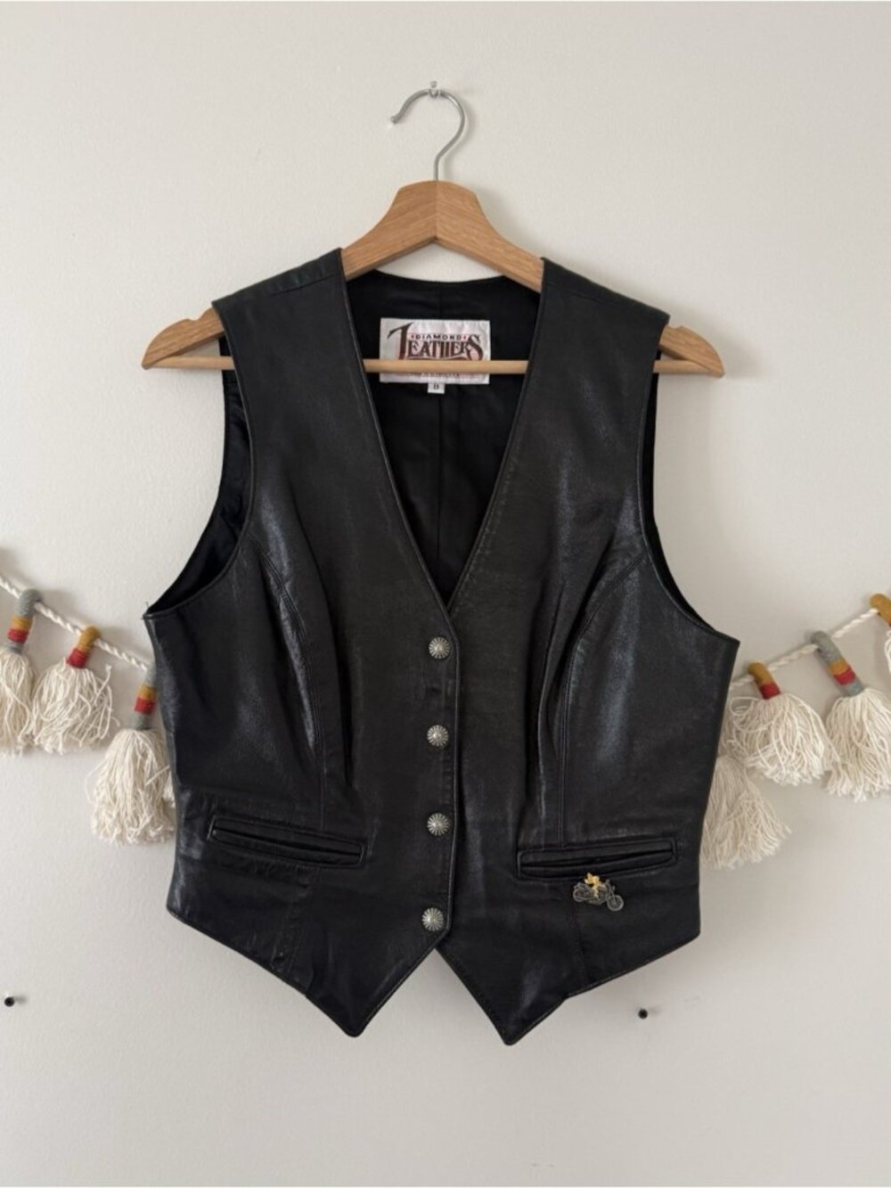 Diamond Leathers Made In The USA Vintage Black V-neck Biker Moto Vest 8